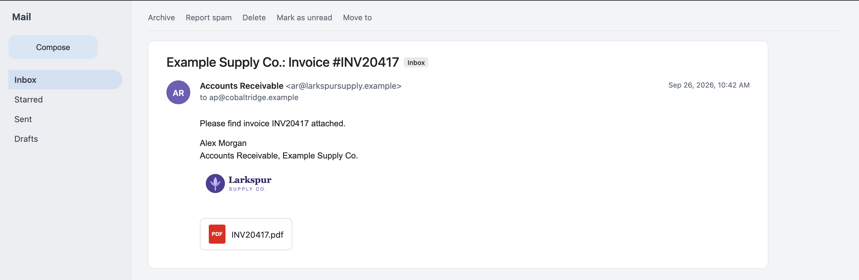 Sample recipient mailbox showing Example Supply Co.: Invoice #INV20417 from Accounts Receivable <ar@larkspursupply.example> to ap@cobaltridge.example, with the note, the signature and logo, and INV20417.pdf attached.
