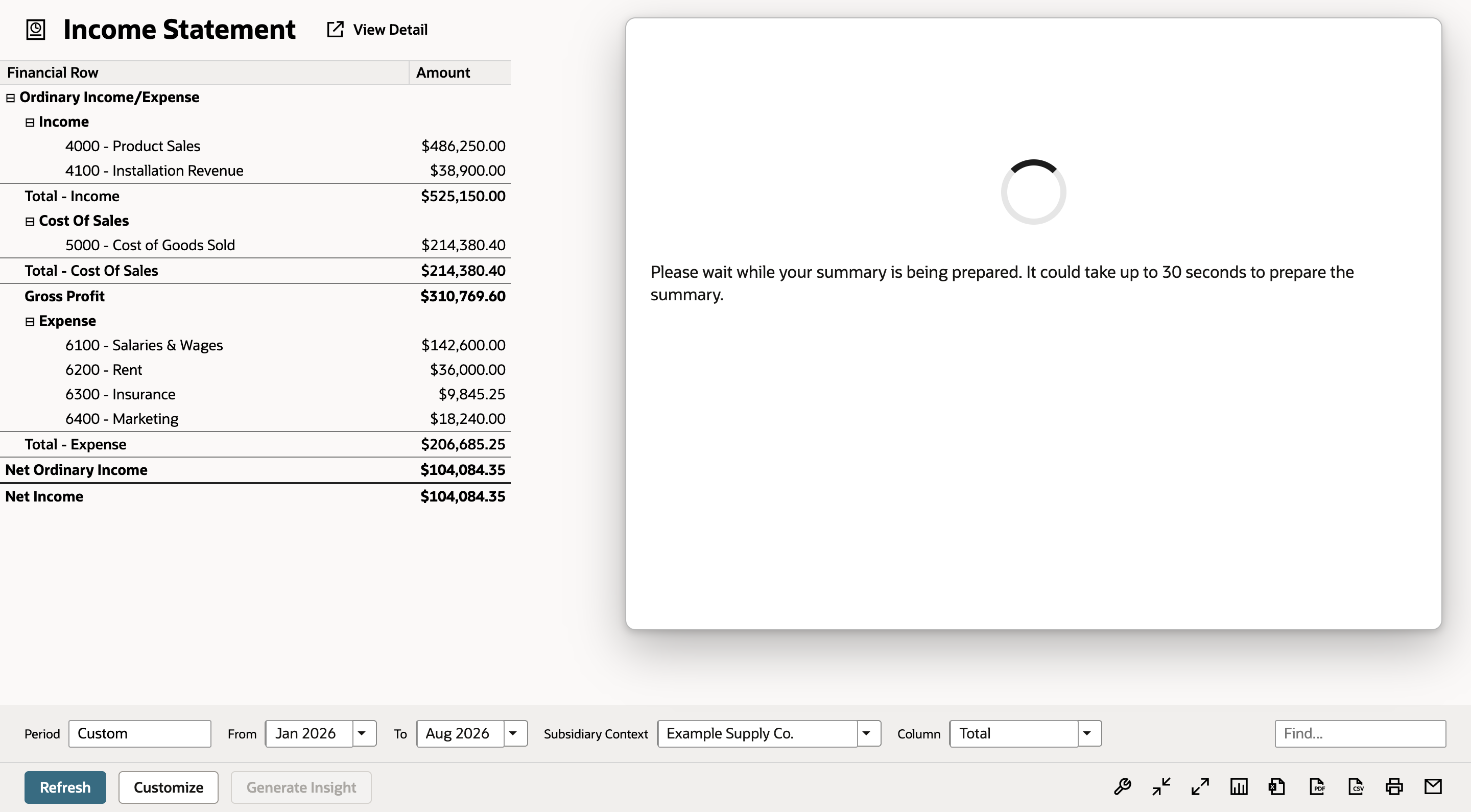 Income Statement with a Narrative Insights window showing a spinner and the message Please wait while your summary is being prepared, and the Generate Insight button greyed out with a red arrow pointing at it.