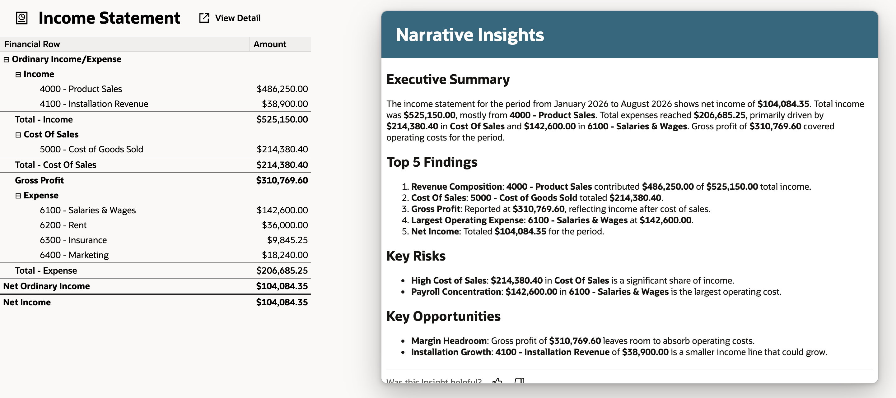Narrative Insights window beside the Income Statement with Executive Summary, Top 5 Findings, Key Risks and Key Opportunities sections.