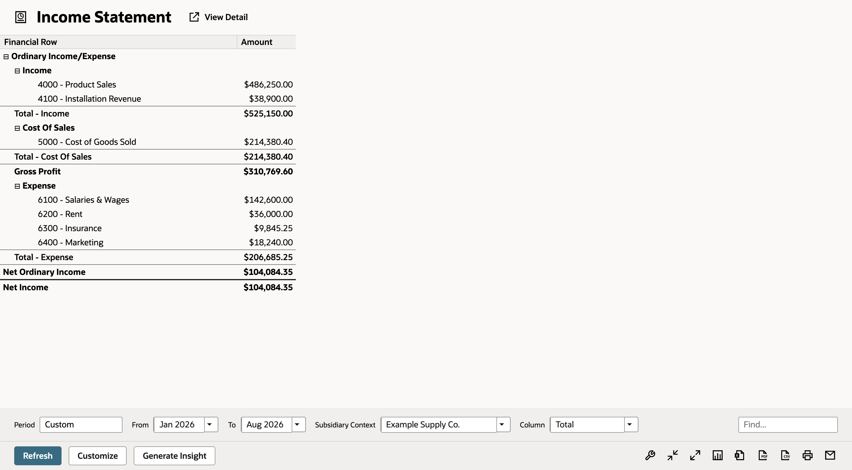 Income Statement footer with Period Custom, From Jan 2026 marked by a red arrow, To Aug 2026, and Total Income of $525,150.00 in the report above.