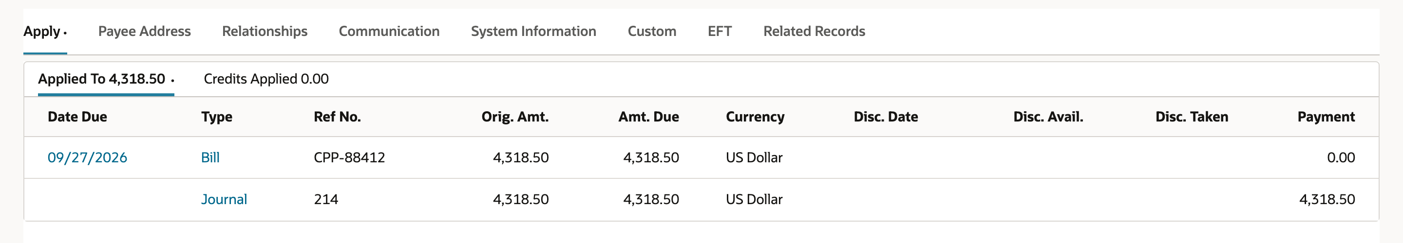 Apply subtab with the bill showing a Payment of 0.00 and Journal 214 applied for 4,318.50.