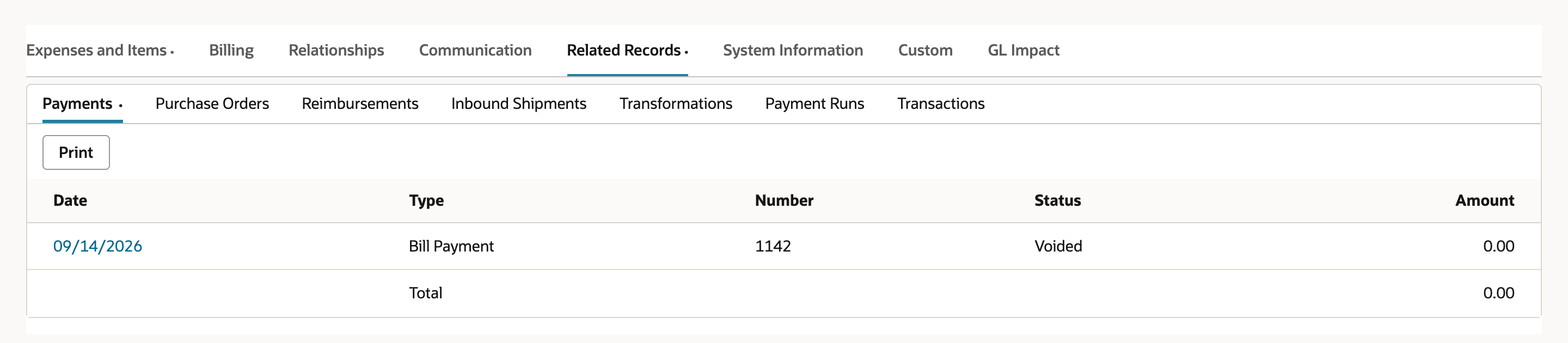 Bill Related Records Payments tab listing Bill Payment 1142 with status Voided and amount 0.00, and a total of 0.00.