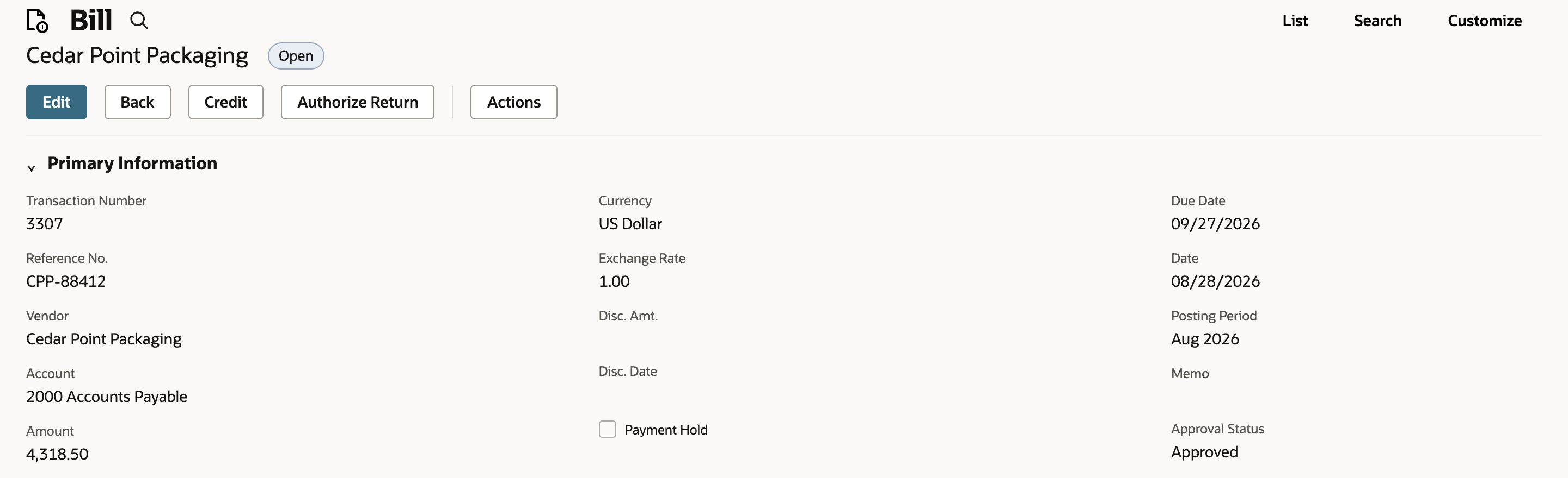 Bill 3307 for Cedar Point Packaging with status Open and an amount of 4,318.50, with an arrow at the Open status.