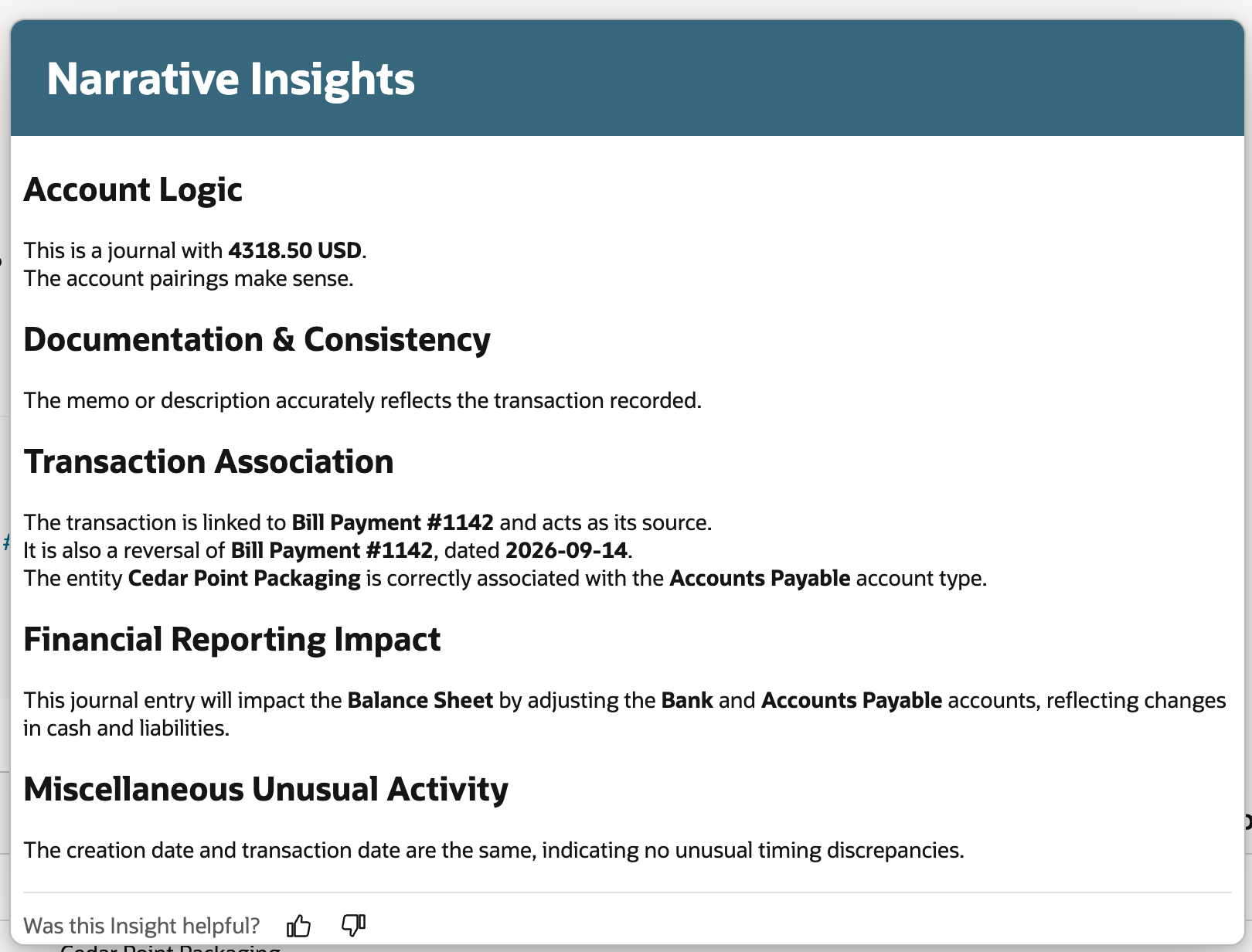 Narrative Insights with an arrow at the reversal of Bill Payment #1142 dated 2026-09-14, which matches Reversal # and Reversal Date.