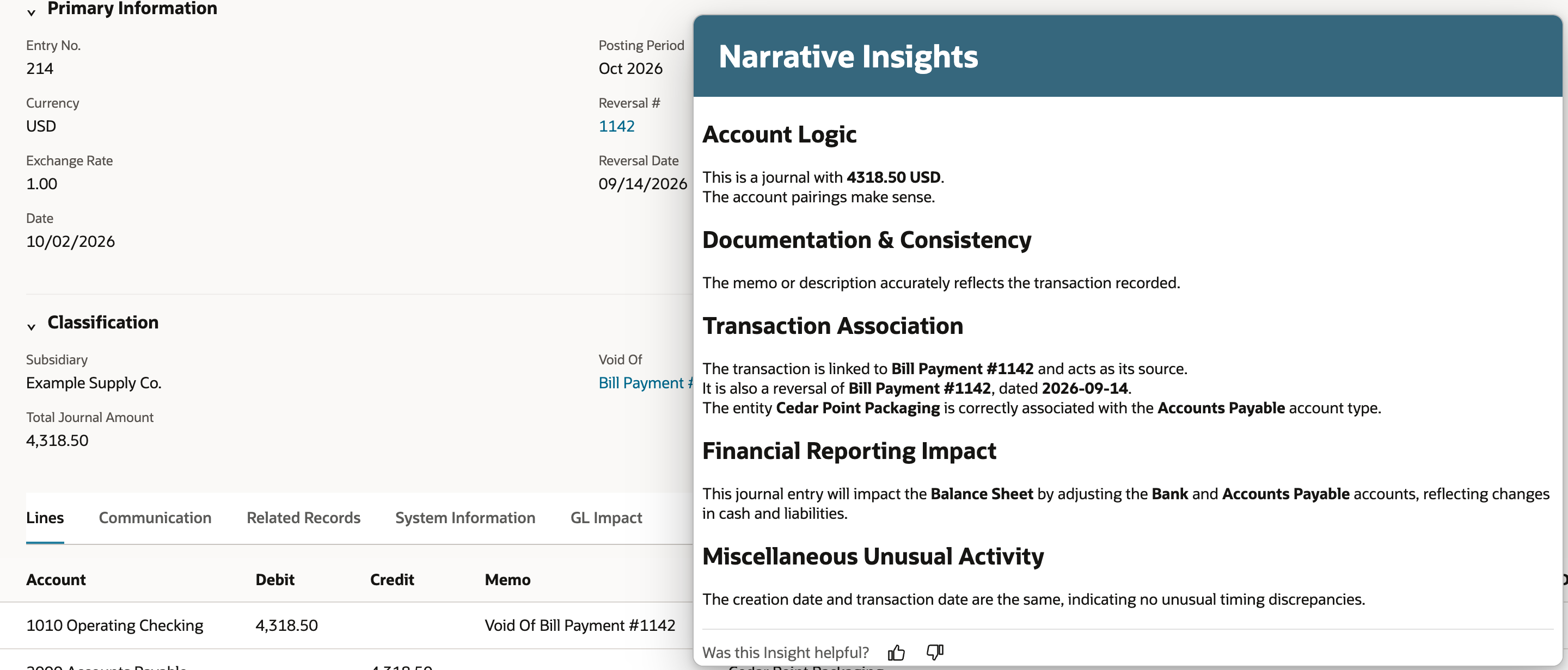 Narrative Insights with an arrow at the claim of no unusual timing, beside the journal Date of 10/02/2026 and Reversal Date of 09/14/2026.