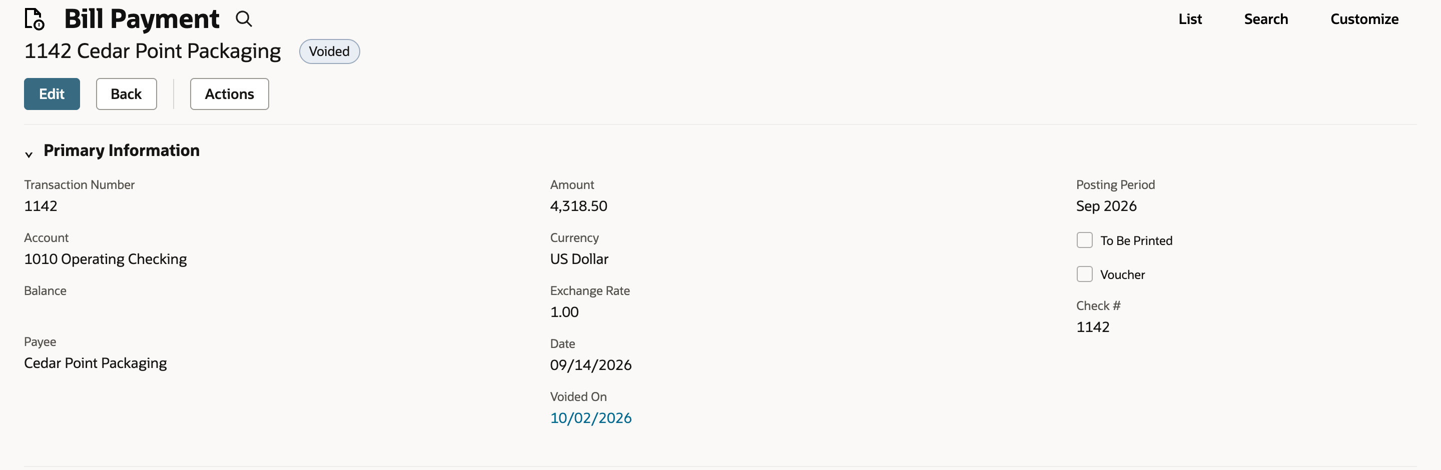 Bill Payment 1142 with status Voided, Date 09/14/2026, Posting Period Sep 2026, and an arrow at Voided On 10/02/2026.