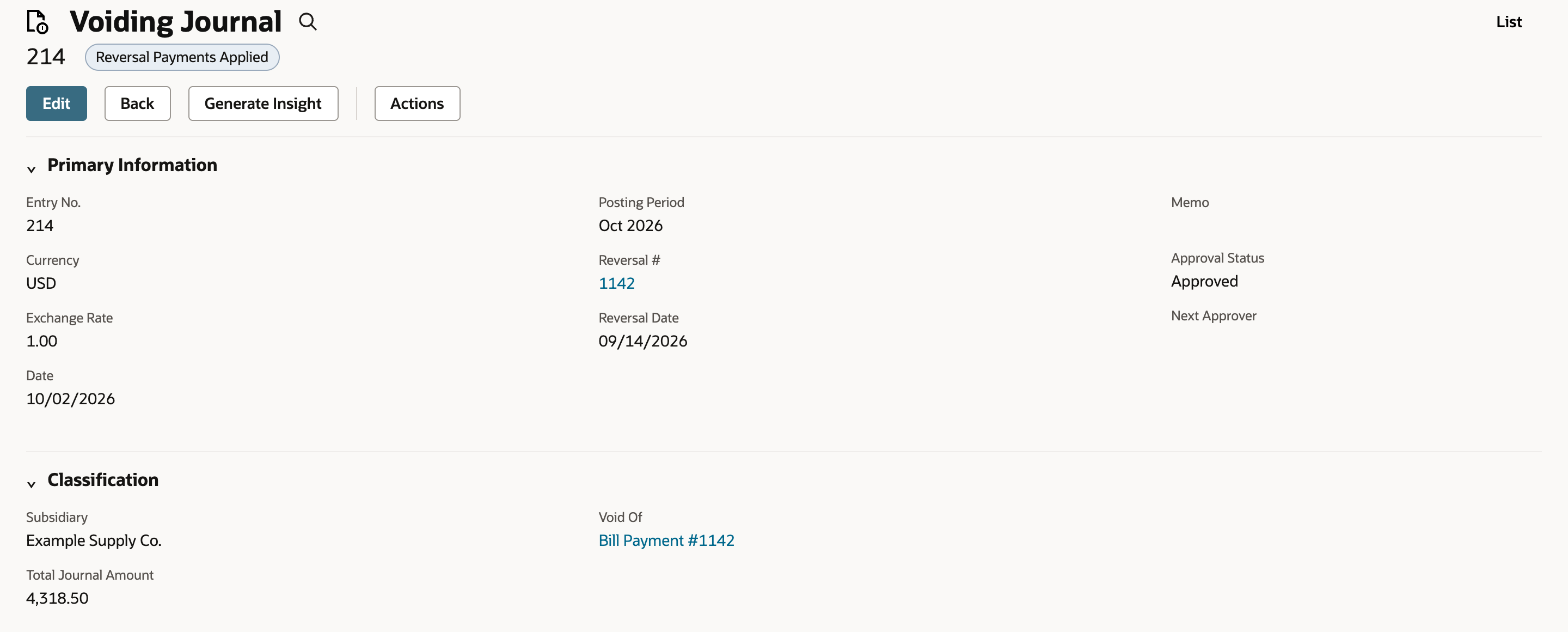 Voiding Journal 214 with status Reversal Payments Applied, Date 10/02/2026, Reversal # 1142, Reversal Date 09/14/2026, and an arrow at Void Of Bill Payment #1142.
