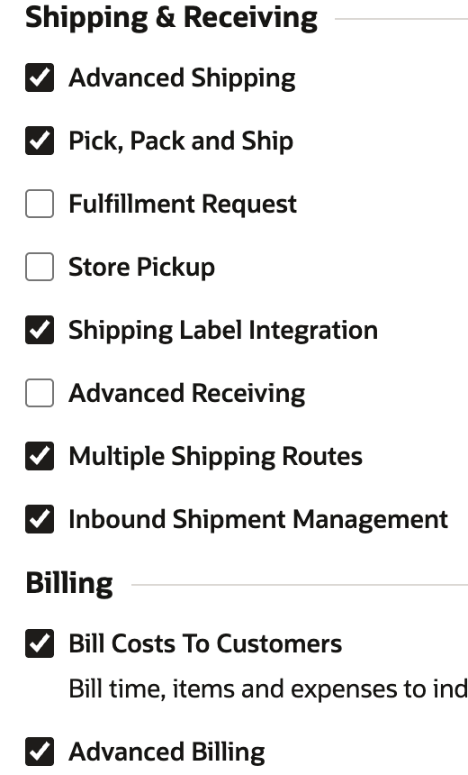 Enable Features shows Advanced Shipping and Advanced Billing enabled in the comparison account.