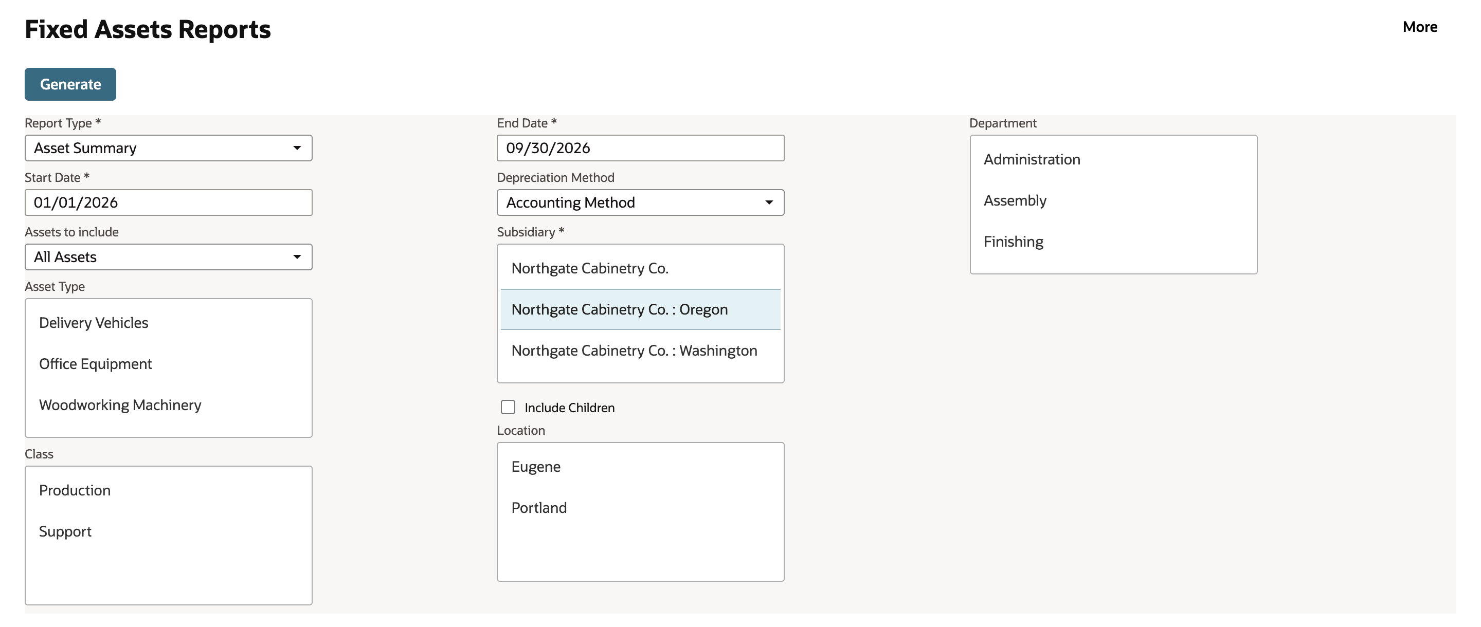 Fixed Assets Reports with Report Type Asset Summary, Start Date 01/01/2026, End Date 09/30/2026, Assets to include All Assets, Depreciation Method Accounting Method and Northgate Cabinetry Co. : Oregon selected in the Subsidiary list. There are no Show Components or Save Report as CSV checks.