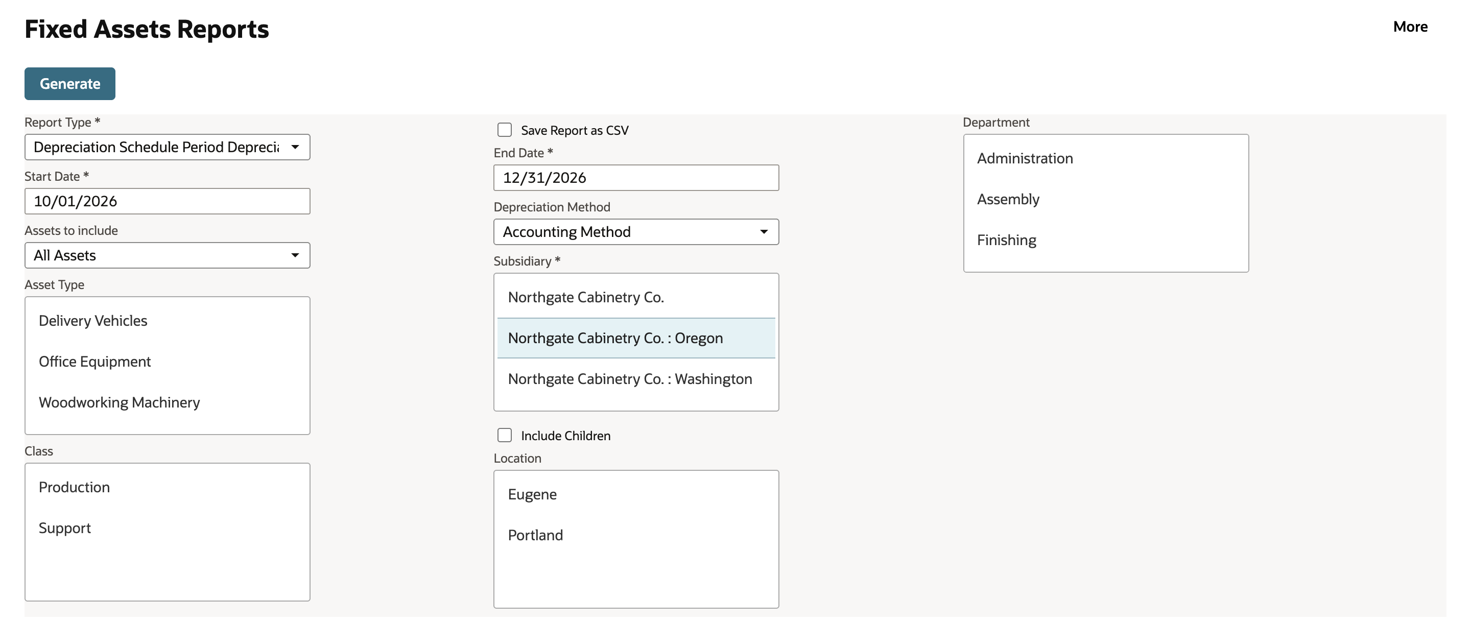 Fixed Assets Reports with Report Type Depreciation Schedule Period Depreciation, Start Date 10/01/2026, End Date 12/31/2026, All Assets, Accounting Method and Northgate Cabinetry Co. : Oregon selected; Save Report as CSV is shown and Show Components in Reports is not.