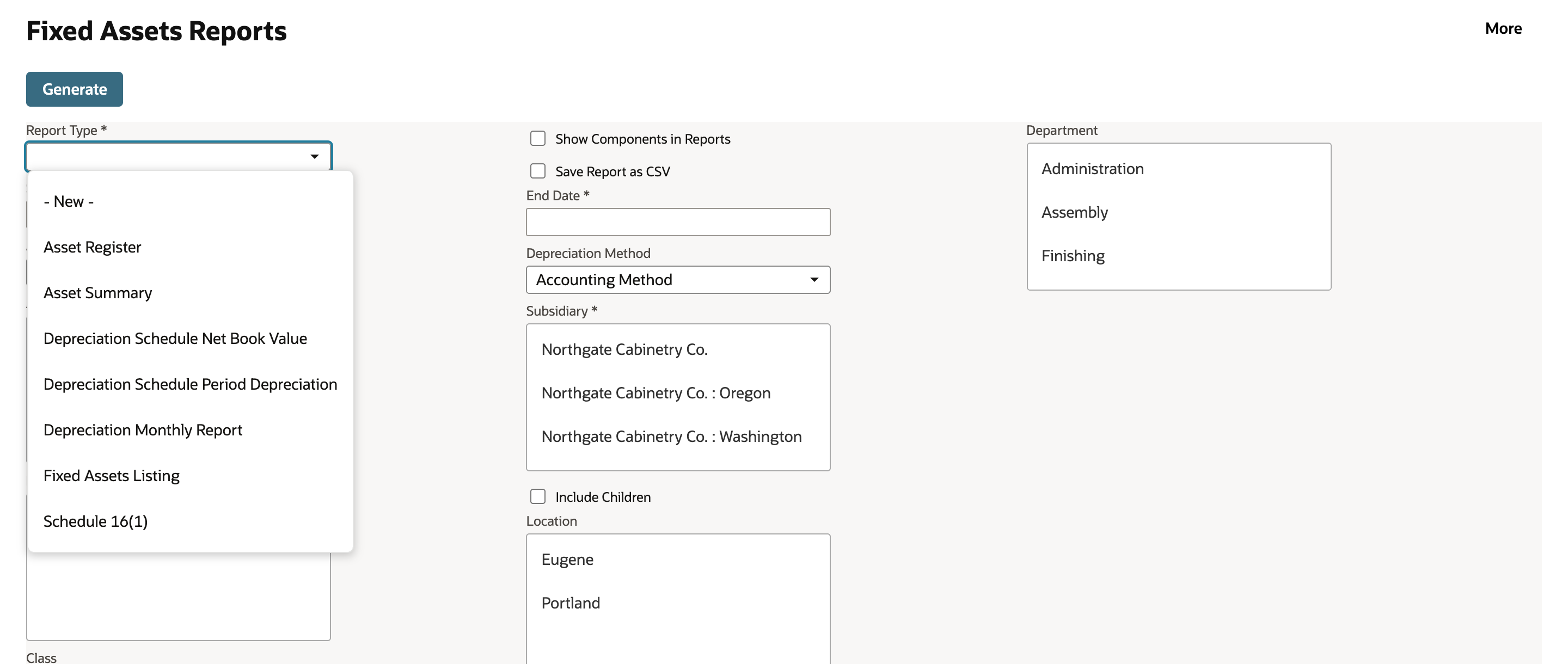 Fixed Assets Reports page with the Report Type list open, showing - New -, Asset Register, Asset Summary, Depreciation Schedule Net Book Value, Depreciation Schedule Period Depreciation, Depreciation Monthly Report, Fixed Assets Listing and Schedule 16(1). The Show Components in Reports and Save Report as CSV checkboxes are shown unchecked at the top.