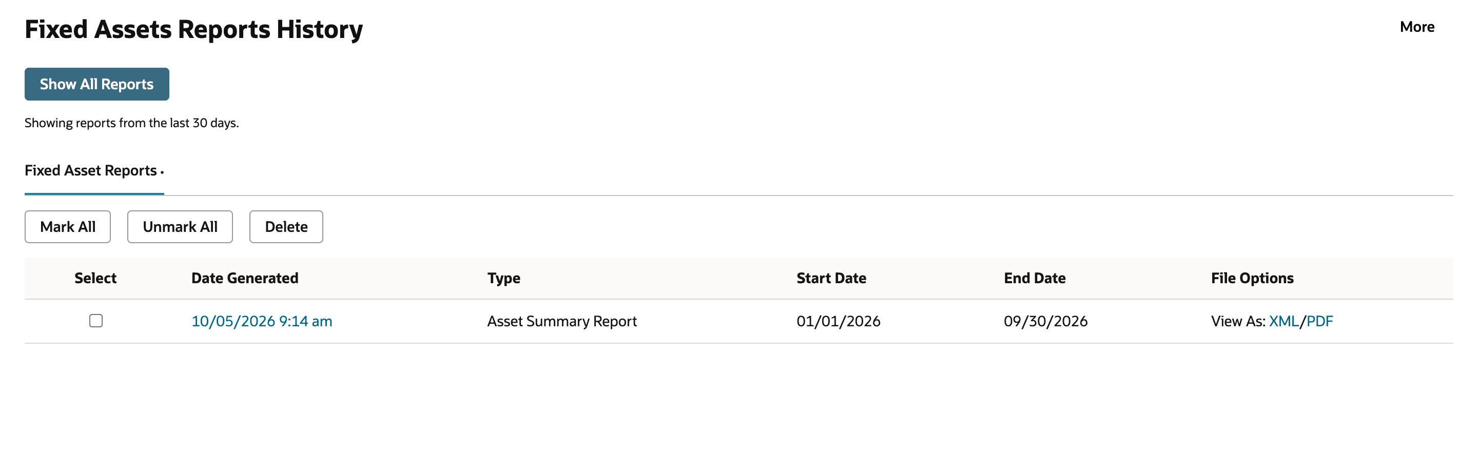 Fixed Assets Reports History listing the Asset Summary Report generated 10/05/2026 9:14 am with Start Date 01/01/2026, End Date 09/30/2026 and View As XML/PDF; an arrow points to PDF.