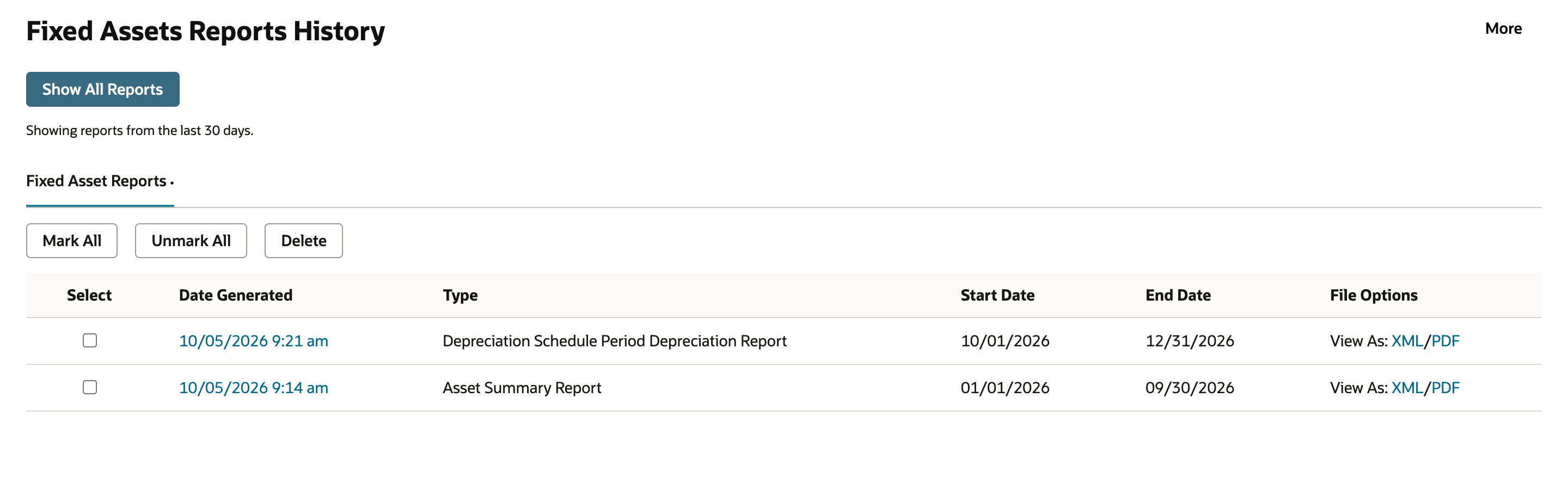 Fixed Assets Reports History listing the Depreciation Schedule Period Depreciation Report with Start Date 10/01/2026 and End Date 12/31/2026 above the Asset Summary Report; an arrow points to PDF.