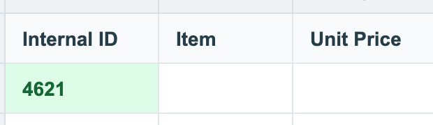 Clearing CSV contains Internal ID 4621 with blank Item, Unit Price, Currency, and Price Level values.