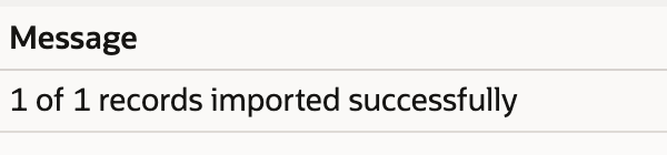 Job Status is Complete at 100 percent with one of one records imported successfully.