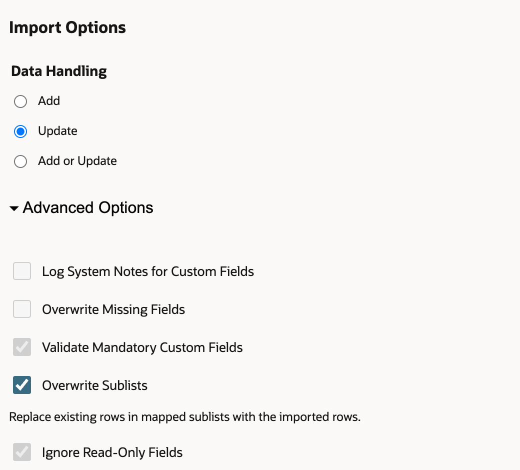 Import Options has Update selected and Overwrite Sublists checked.