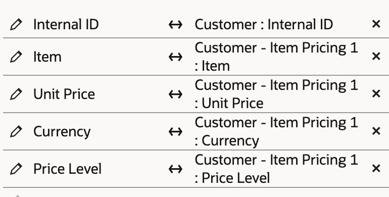 Four pricing columns map to Customer - Item Pricing 1 under the customer Internal ID mapping.
