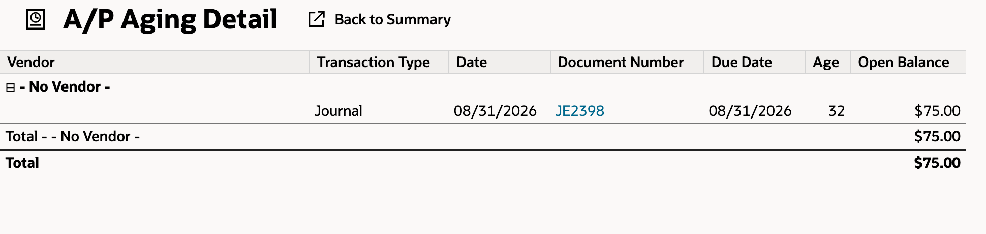 Refreshed A/P Aging Detail shows only unrelated journal JE2398 with an open balance of 75.00.