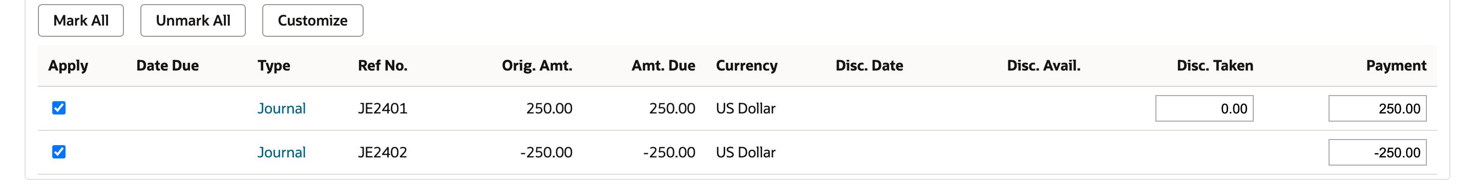 Apply has only JE2401 and JE2402 selected, with opposing Payment values 250.00 and negative 250.00.