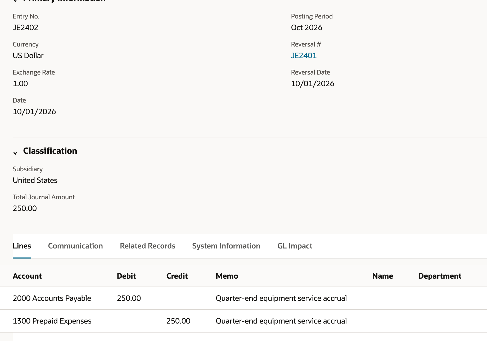 JE2402 references JE2401 and shows a 250.00 debit to 2000 Accounts Payable with no vendor Name.