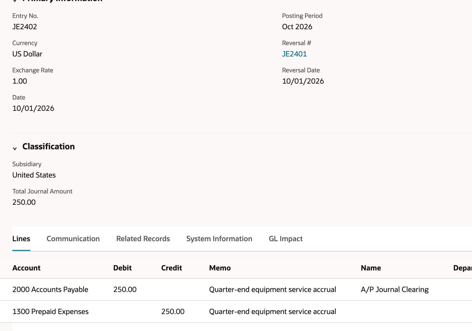 JE2402 has A/P Journal Clearing on its 250.00 A/P debit line.
