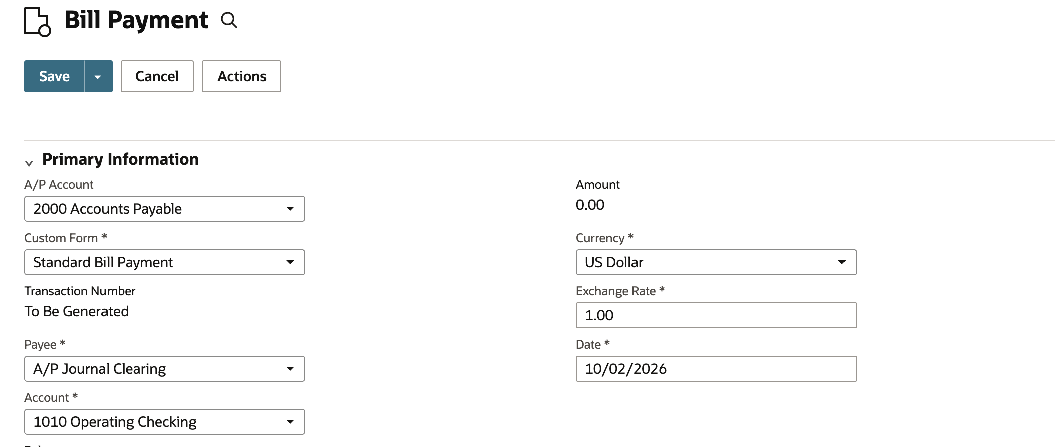 Bill Payment entry shows payee A/P Journal Clearing and Amount 0.00 before Save.
