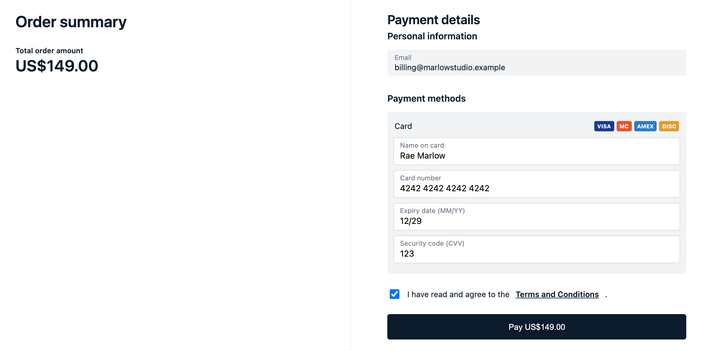 The hosted payment page. Order summary shows US$149.00. Payment details show billing@marlowstudio.example, name on card Rae Marlow, card number 4242 4242 4242 4242, expiry 12/29, security code 123, the Terms and Conditions box checked, and a Pay US$149.00 button.