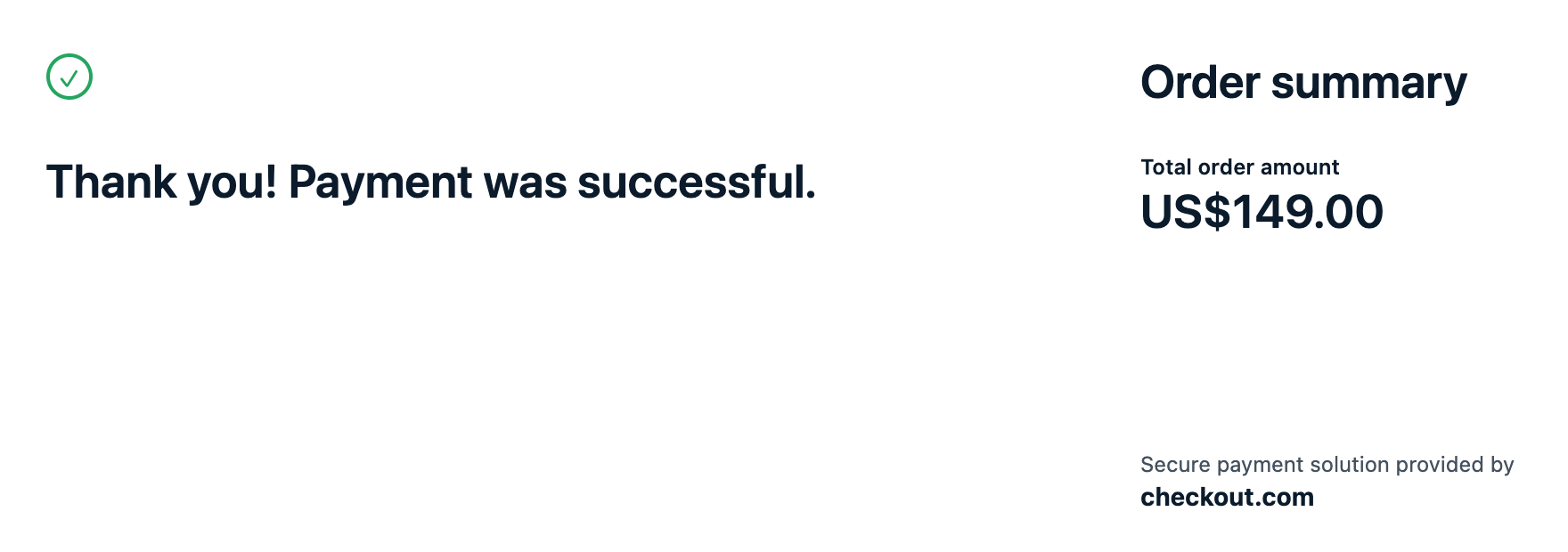 The success page: Thank you! Payment was successful., with Order summary total US$149.00.
