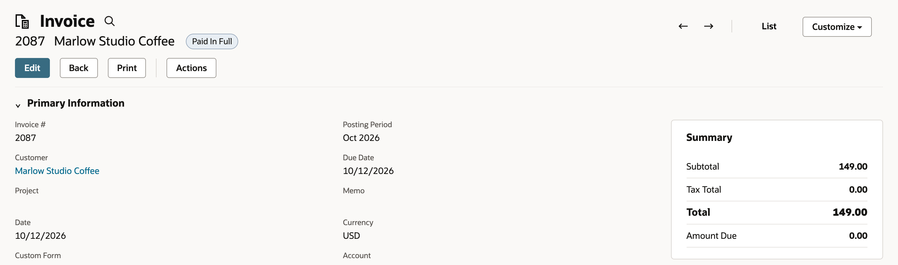 Invoice 2087 for Marlow Studio Coffee with status Paid In Full and Amount Due 0.00. An arrow points to Paid In Full.