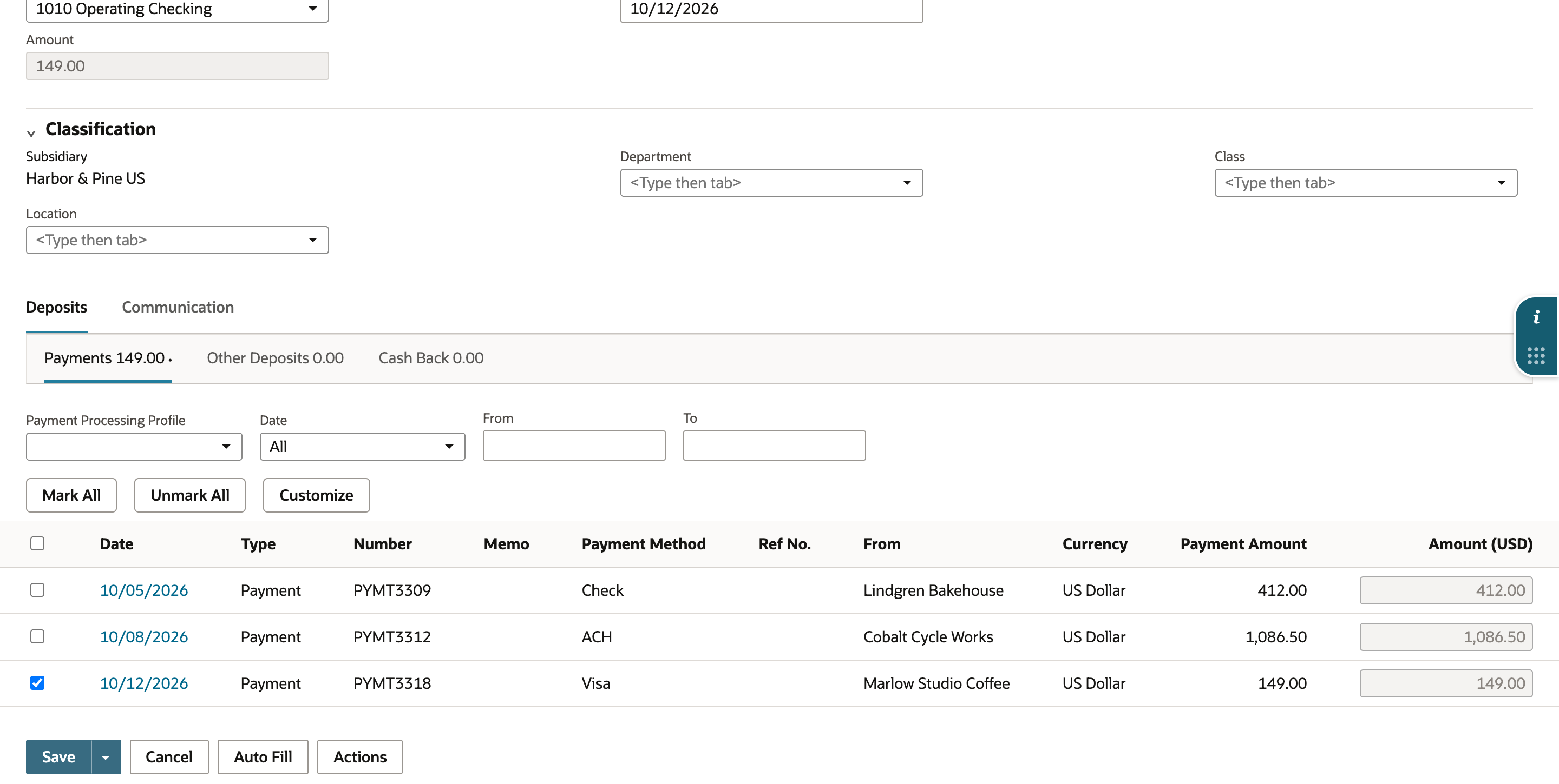 Make Deposits for 1010 Operating Checking with Amount 149.00. The Payments subtab reads Payments 149.00 and lists PYMT3309 412.00, PYMT3312 1,086.50, and PYMT3318 149.00. Only PYMT3318 is checked, with an arrow pointing to it.