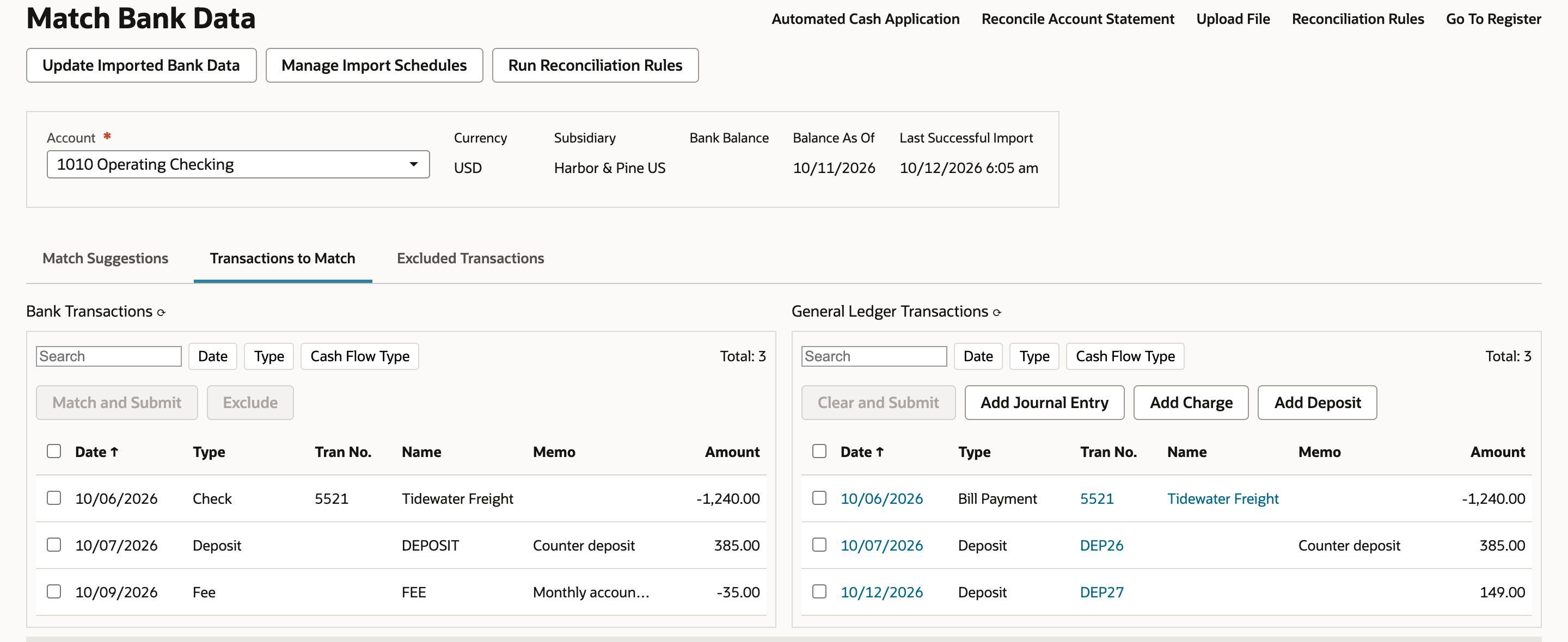 Match Bank Data for 1010 Operating Checking, Transactions to Match. Bank Transactions lists a check for -1,240.00, a deposit for 385.00, and a fee for -35.00. General Ledger Transactions lists bill payment 5521, deposit DEP26 for 385.00, and deposit DEP27 for 149.00, with an arrow pointing to DEP27.