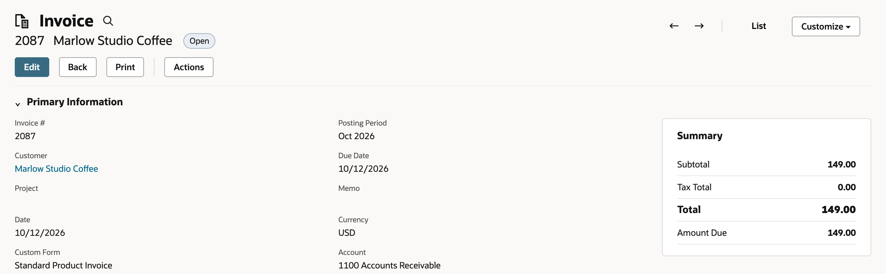 Invoice 2087 for Marlow Studio Coffee with status Open. The Summary box shows Total 149.00 and Amount Due 149.00.