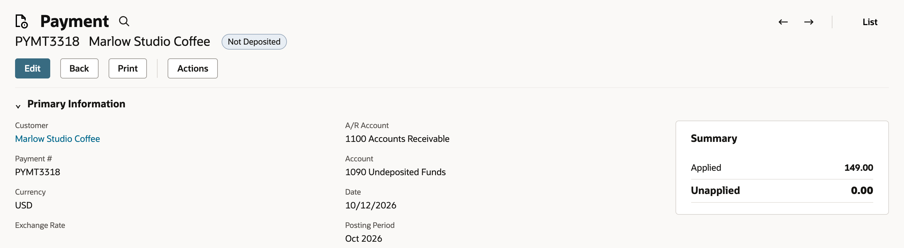 Payment PYMT3318 for Marlow Studio Coffee, status Not Deposited. A/R Account 1100 Accounts Receivable and Account 1090 Undeposited Funds, with an arrow pointing to 1090 Undeposited Funds. Applied 149.00.