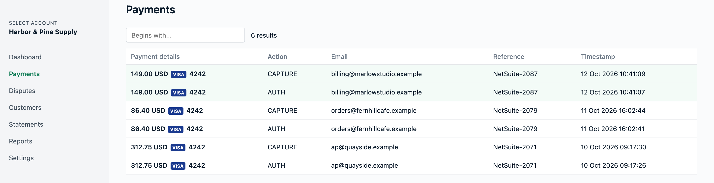 The processor dashboard Payments list. The top two rows are 149.00 USD for billing@marlowstudio.example with reference NetSuite-2087, one CAPTURE and one AUTH.