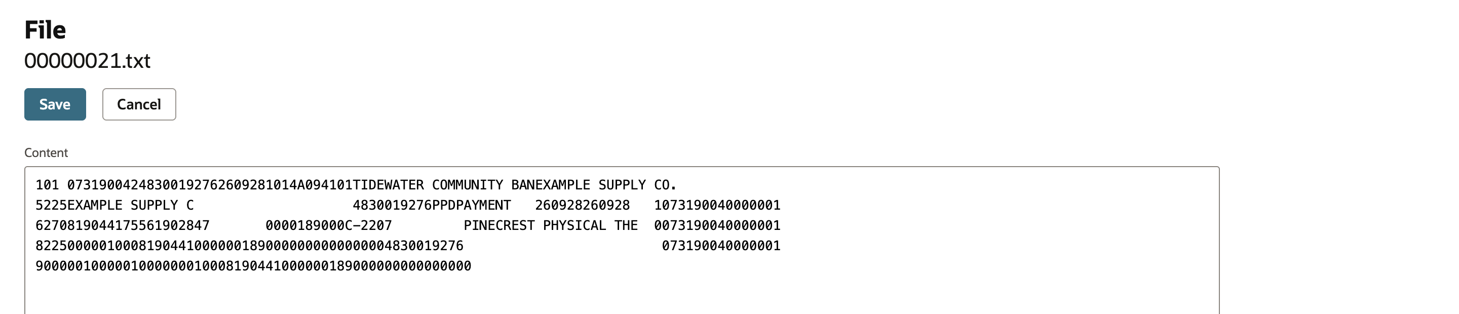 File 00000021.txt open for editing. Content shows five ACH records: a 101 file header naming Tidewater Community Bank, a 5225 PPD batch header with company ID 4830019276, a 627 debit entry for 0000189000 to account 5561902847 for Pinecrest Physical Therapy, and 8225 and 9 control records.