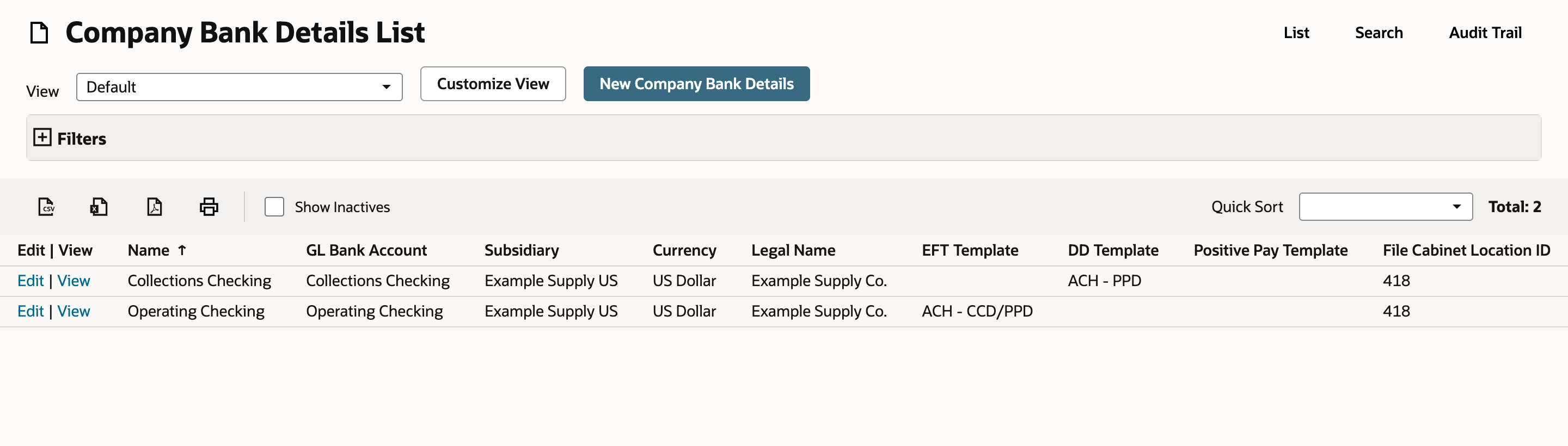 Company Bank Details List with two banks. Collections Checking has DD Template ACH - PPD. Operating Checking has EFT Template ACH - CCD/PPD and no DD Template. Both have File Cabinet Location ID 418.