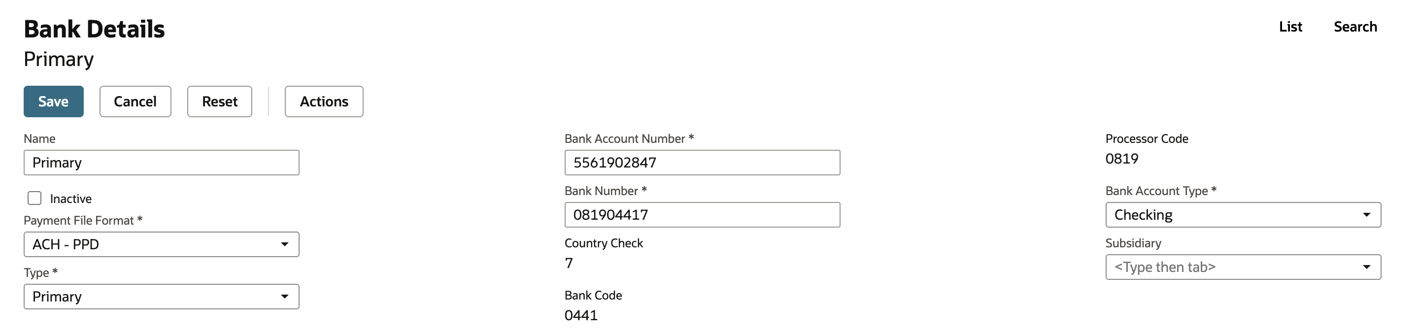 Bank Details form for the Primary entity bank detail: Payment File Format ACH - PPD, Type Primary, Bank Account Number 5561902847, Bank Number 081904417, Country Check 7, Bank Code 0441, Processor Code 0819, Bank Account Type Checking.