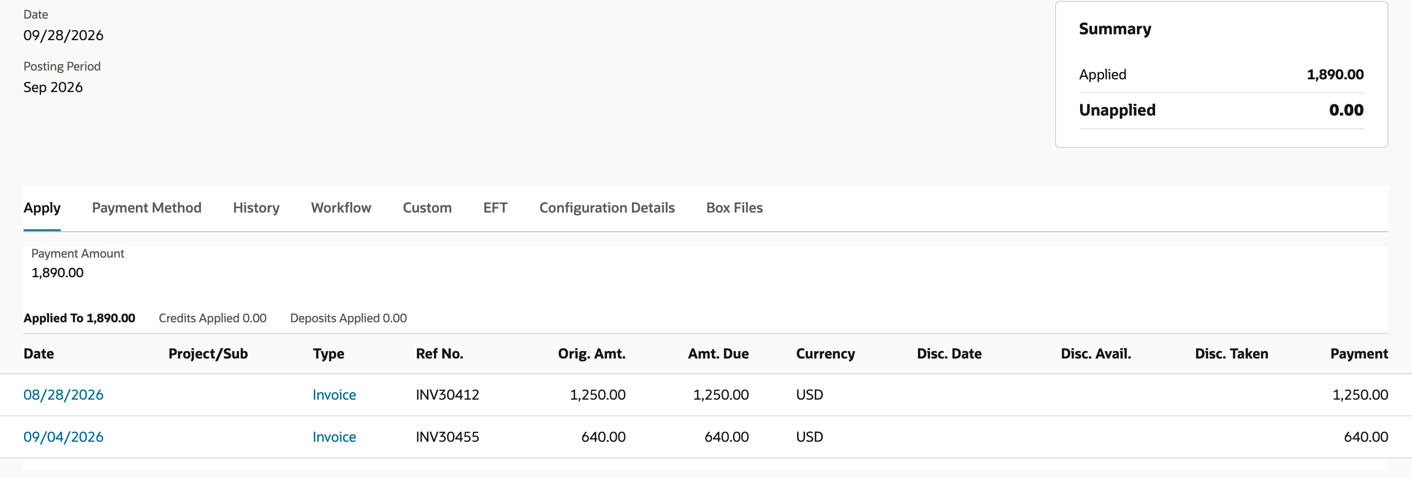 Apply subtab of payment 00000021/1: Payment Amount 1,890.00, Applied To 1,890.00, invoice INV30412 paid 1,250.00 and invoice INV30455 paid 640.00. Summary shows Applied 1,890.00 and Unapplied 0.00.