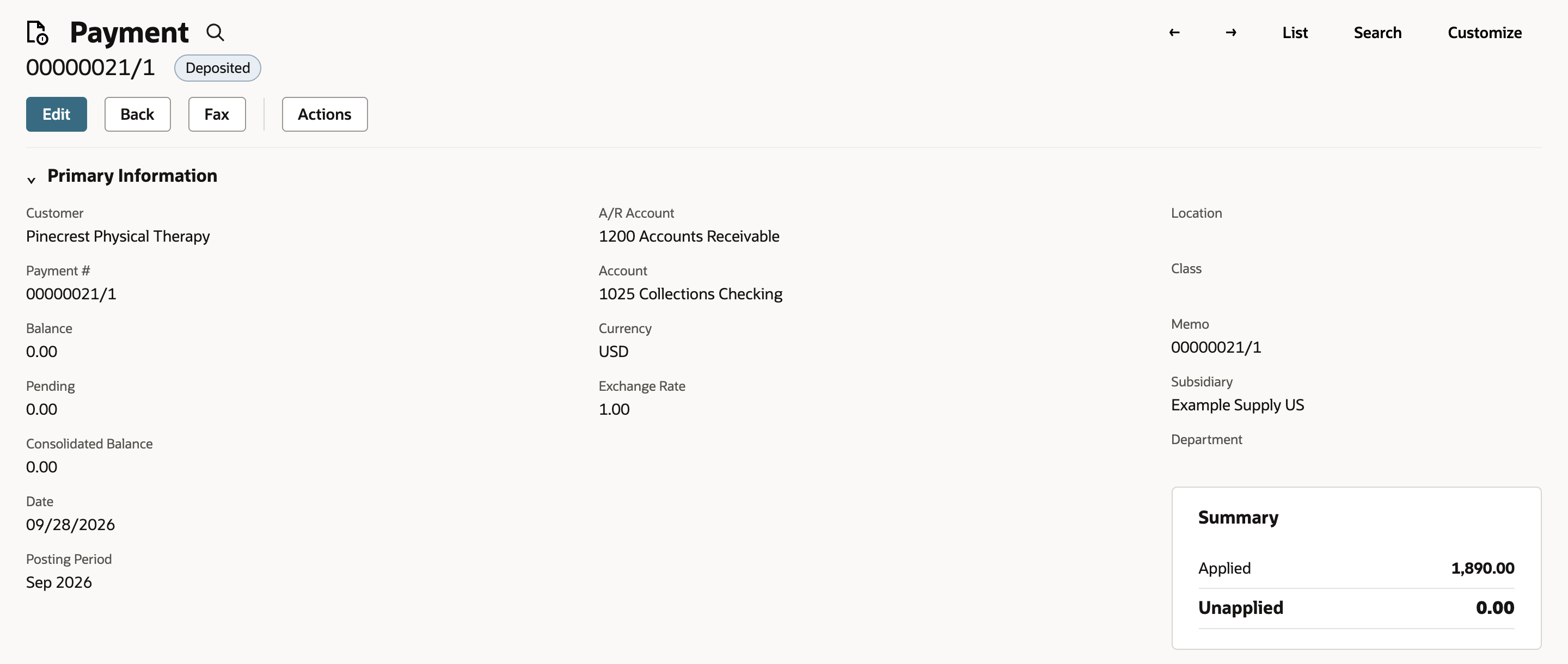 Customer payment 00000021/1 for Pinecrest Physical Therapy: A/R Account 1200 Accounts Receivable, Account 1025 Collections Checking, Date 09/28/2026, Posting Period Sep 2026, Memo 00000021/1, Applied 1,890.00, Unapplied 0.00.