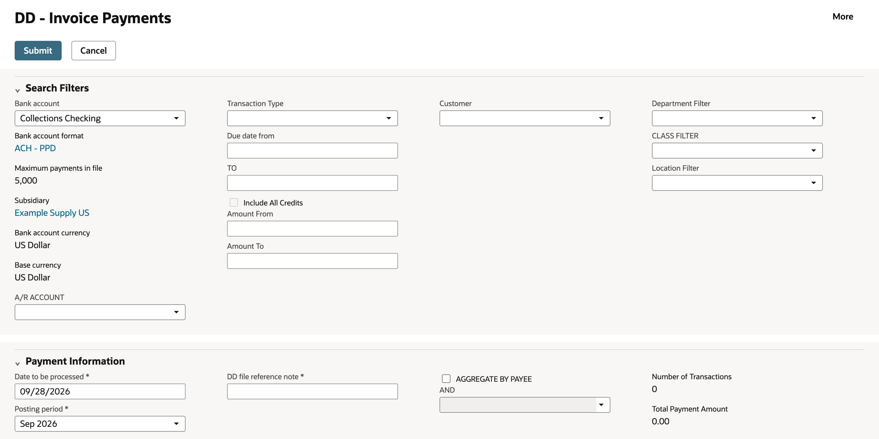 DD - Invoice Payments with Bank account Collections Checking, Bank account format ACH - PPD, Maximum payments in file 5,000, Subsidiary Example Supply US, Bank account currency and Base currency US Dollar, and an empty A/R ACCOUNT field.