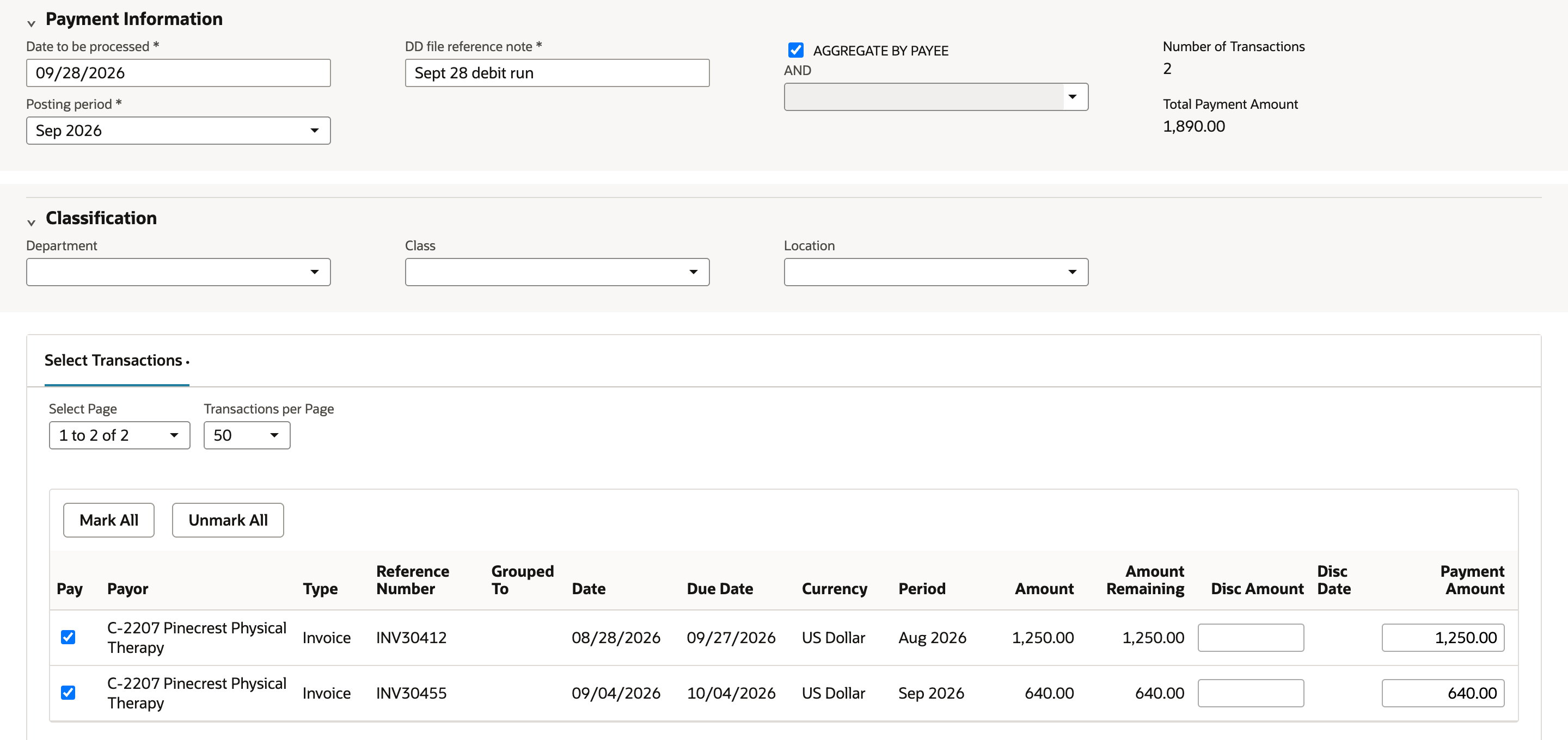 Payment Information with Date to be processed 09/28/2026, Posting period Sep 2026, DD file reference note Sept 28 debit run, Aggregate by Payee checked, Number of Transactions 2 and Total Payment Amount 1,890.00. Both invoices are marked with Payment Amount 1,250.00 and 640.00.