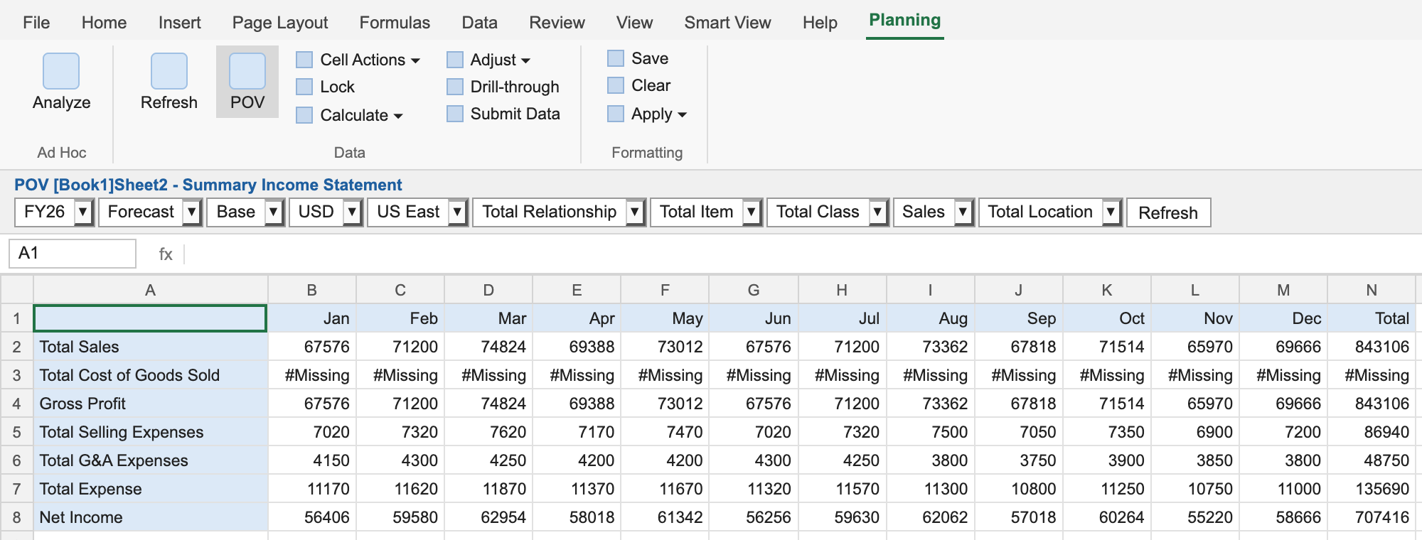 Summary Income Statement in Excel on the Planning ribbon. The POV toolbar reads FY26, Forecast, Base, USD, US East, Total Relationship, Total Item, Total Class, Sales and Total Location. Total G&A Expenses reads 4150 for Jan and 48750 for the year.