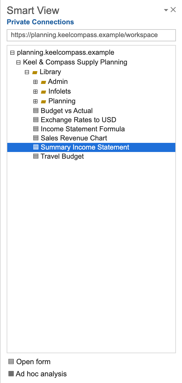 The Smart View panel under Private Connections, with planning.keelcompass.example, Keel & Compass Supply Planning and Library expanded. Summary Income Statement is selected and an arrow points to Open form at the bottom of the panel.