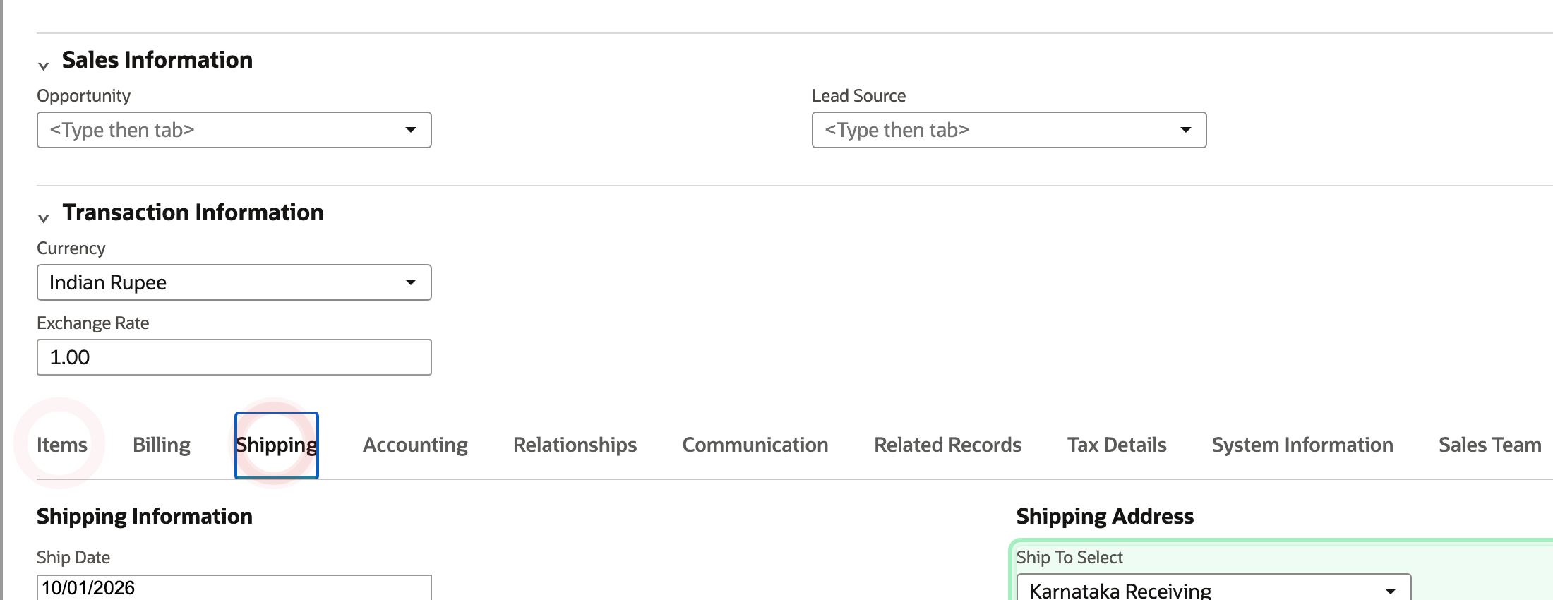 The India sales order Shipping section shows the first Karnataka destination.
