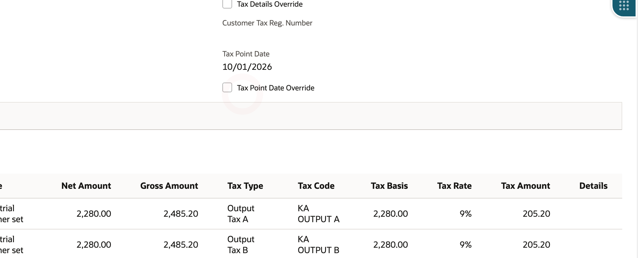 The first Tax Details view for the India sales order is open after the initial preview.