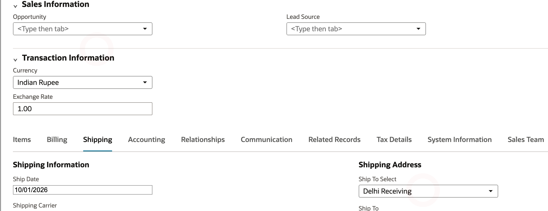 The Shipping section shows the replacement Delhi destination on the same order.