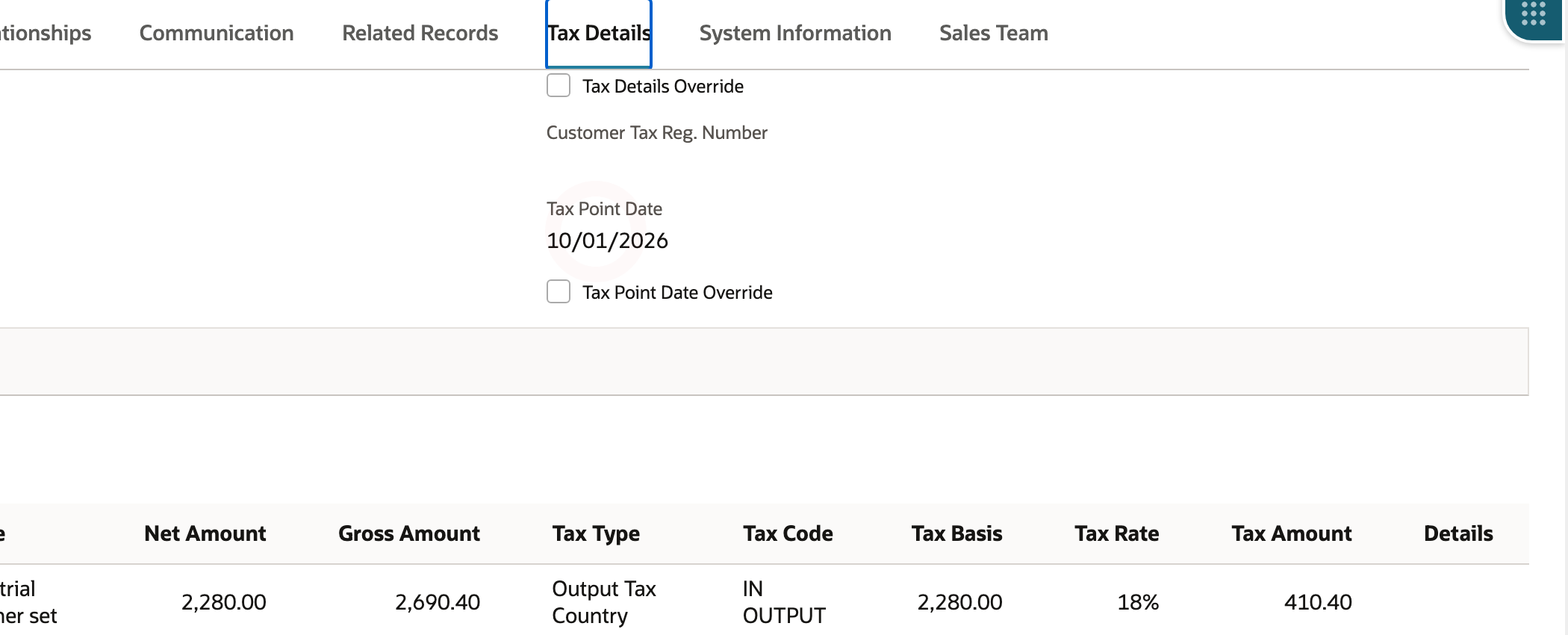 The second Tax Details view is open after Preview Tax for the Delhi destination.