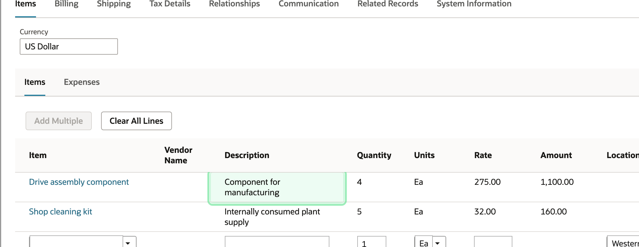 The purchase order Items grid shows a drive assembly component and a shop cleaning kit with their quantities and rates.