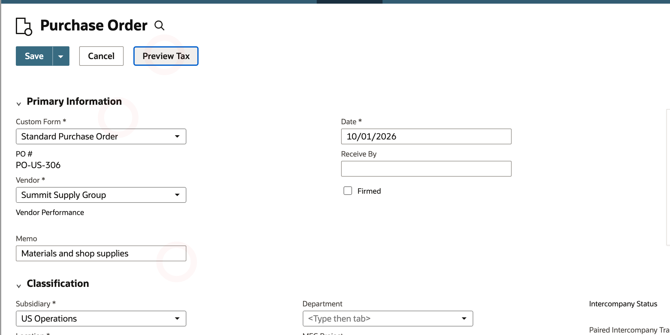 The purchase order shows vendor Summit Supply Group, date 10/01/2026, Western Plant location, and the Preview Tax button.