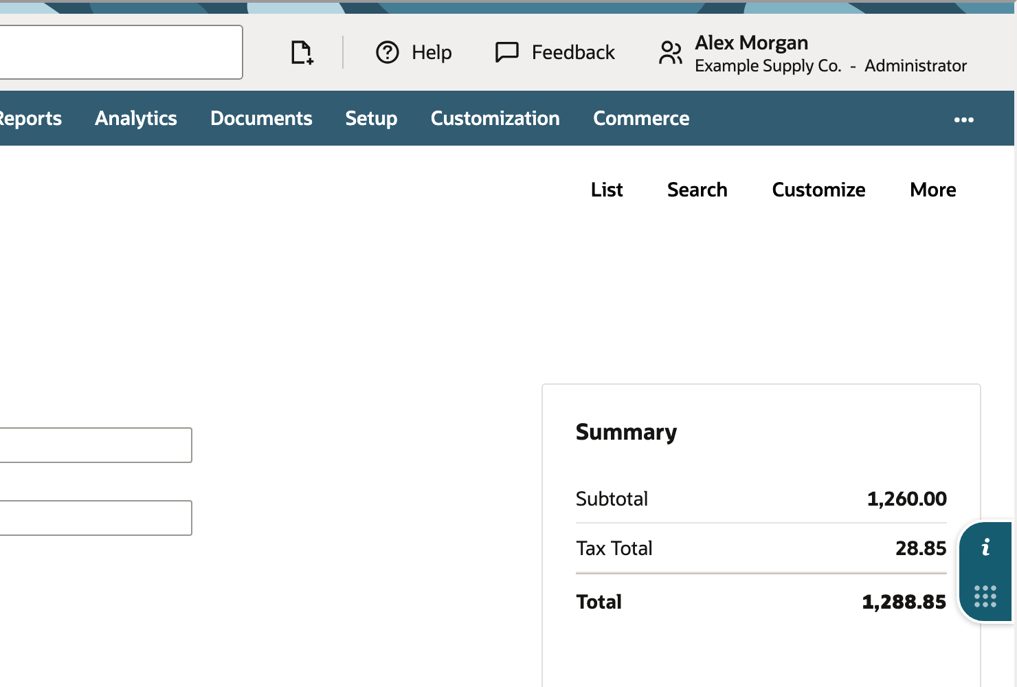 The purchase order Summary shows the previewed tax amount and total.